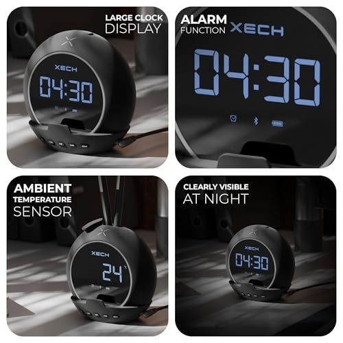 Xech Alarm Clock with Speaker for Heavy Sleepers | Small Table Clock for Students | USB Powered Bedside Clocks | Phone Stand & Pen Holder for Women, Wife (Ellipse, Black) - Image 4