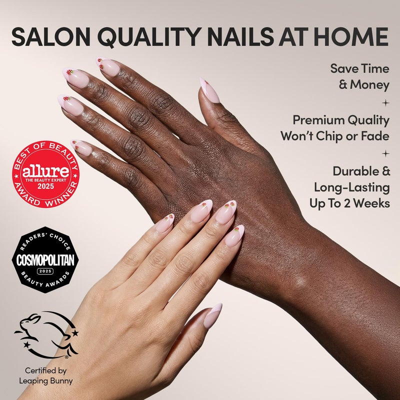 Glamnetic Press On Nails - Strawberry Bits | Short Almond Fake Nails with Strawberry French Tip Details in Glossy Finish, Salon Quality | 15 Sizes - 30 Nail Kit with Glue - Image 2