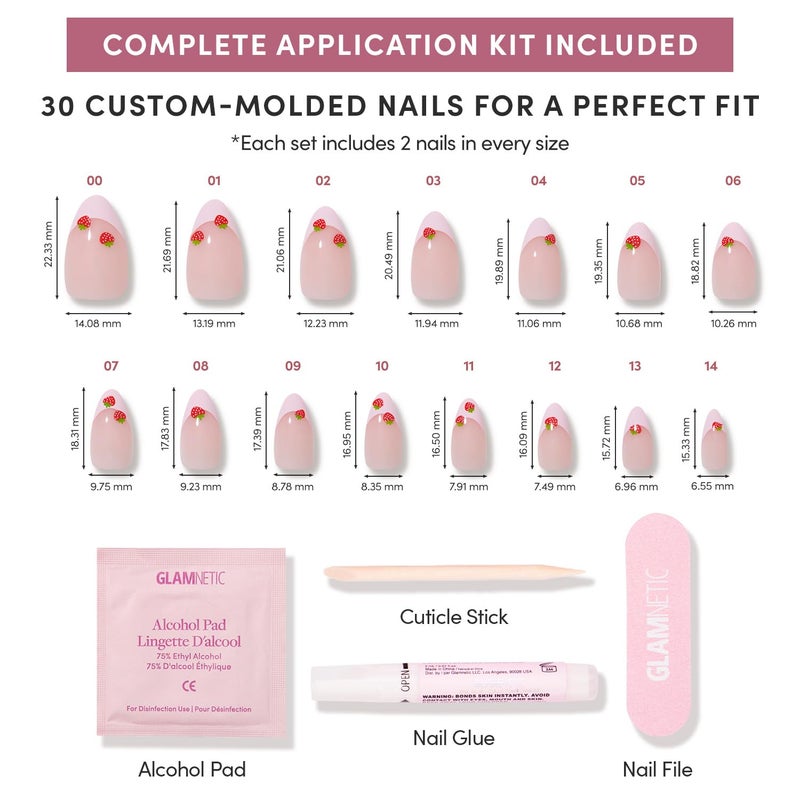 Glamnetic Press On Nails - Strawberry Bits | Short Almond Fake Nails with Strawberry French Tip Details in Glossy Finish, Salon Quality | 15 Sizes - 30 Nail Kit with Glue - Image 4