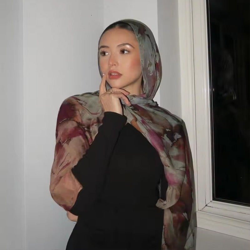 فانكسين شال نسائي من قطن مودال بطبعة ألوان مائية من فانكسين، وشاح ساتان، حجاب عرقي، مقاس 180×80 سم - Image 3