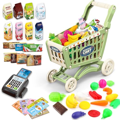 deAO Kids Shopping Cart Trolley for Groceries Toddlers 65 Food Fruit Vegetables Pretend Play Food Role Play Educational Toy Play Kitchen Toys Store Playset Green - Image 1