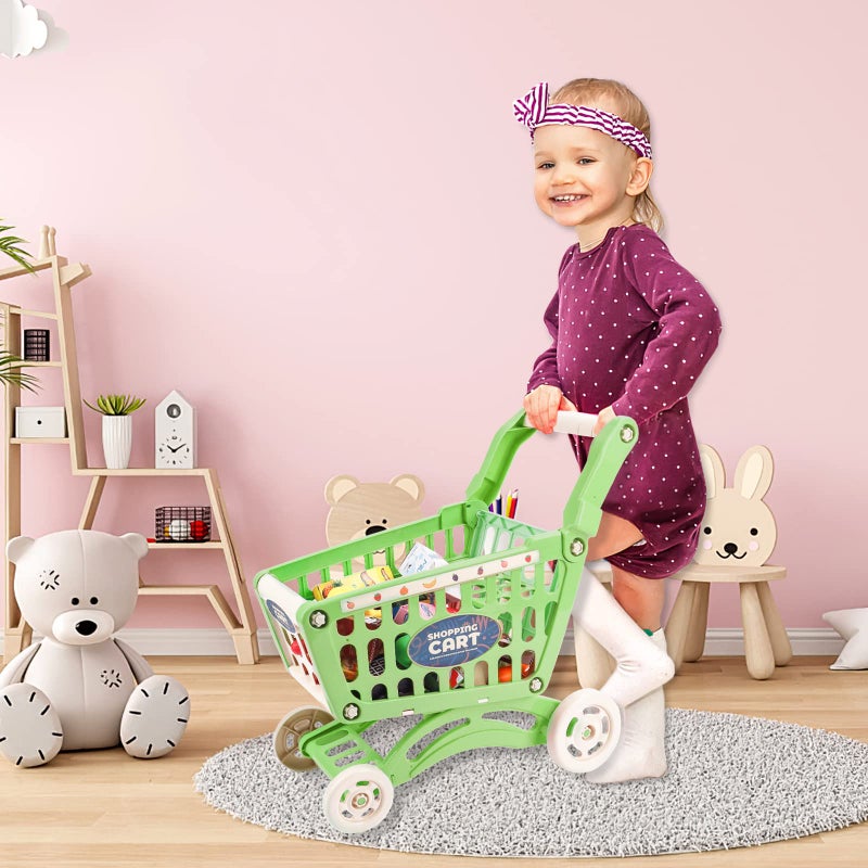deAO Kids Shopping Cart Trolley for Groceries Toddlers 65 Food Fruit Vegetables Pretend Play Food Role Play Educational Toy Play Kitchen Toys Store Playset Green - Image 3