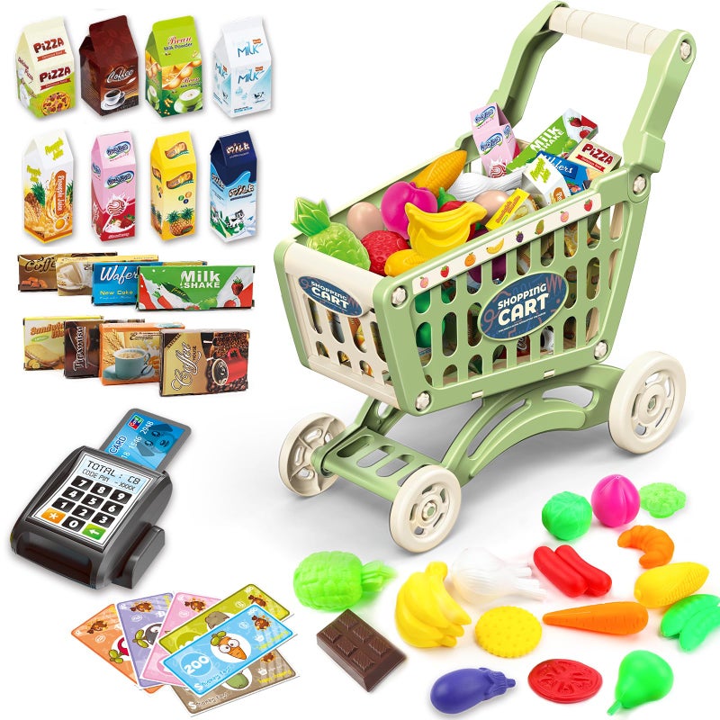 deAO Kids Shopping Cart Trolley for Groceries Toddlers 65 Food Fruit Vegetables Pretend Play Food Role Play Educational Toy Play Kitchen Toys Store Playset Green - Image 2