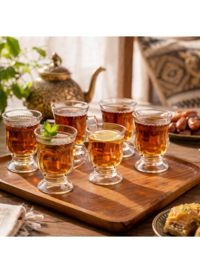 طقم أكواب شاي بمقبض (6 قطع)، سعة 128 مل، مناسب للشاي العربي والتركي؛ أكواب شفافة مقاومة للحرارة مخصصة لشاي الكرك والشاي الأسود والإسبريسو والقهوة والعصائر، بتصميم على شكل زهرة التوليب. - Image 2
