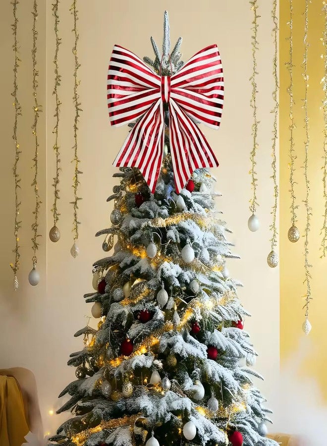 Kunjocy Christmas Tree Bow Decorations, Large Red White Striped Shiny Bows for Xmas Tree Topper Ornaments, Wreaths, Indoor Outdoor Decor, 14x14 Inch (Red White) - Image 4