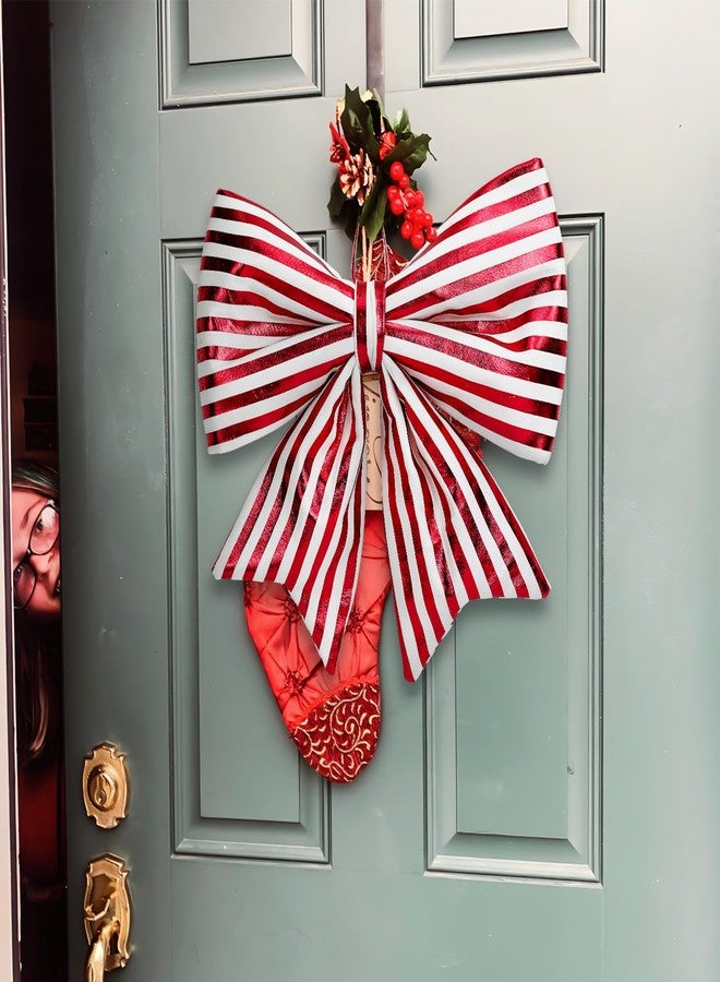 Kunjocy Christmas Tree Bow Decorations, Large Red White Striped Shiny Bows for Xmas Tree Topper Ornaments, Wreaths, Indoor Outdoor Decor, 14x14 Inch (Red White) - Image 5
