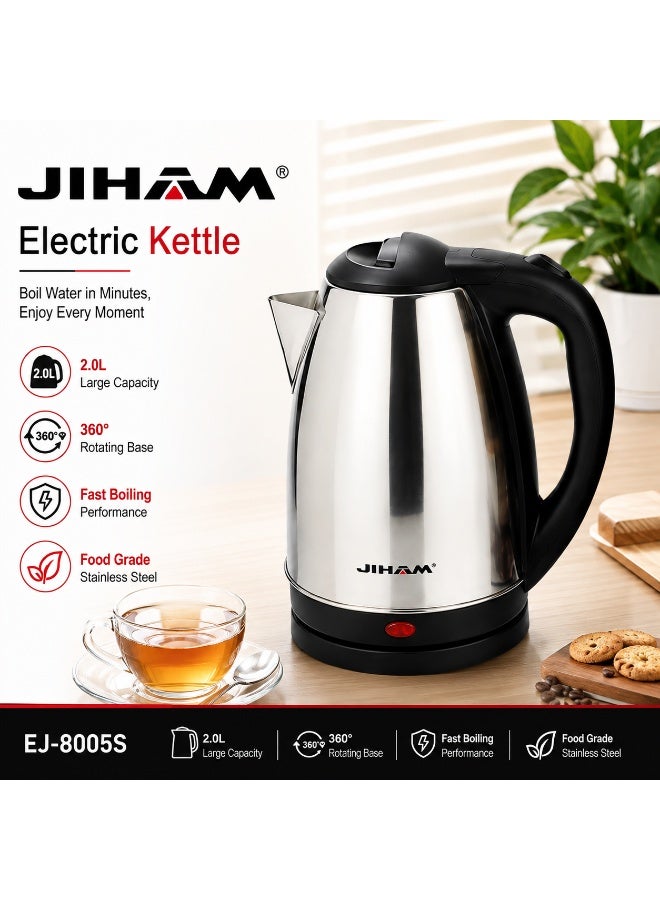 JIHAM Electric Kettle 2.0L Stainless Steel, 360° Rotating Base, Fast Boiling Water Heater, Large Capacity Kitchen Kettle - Image 1