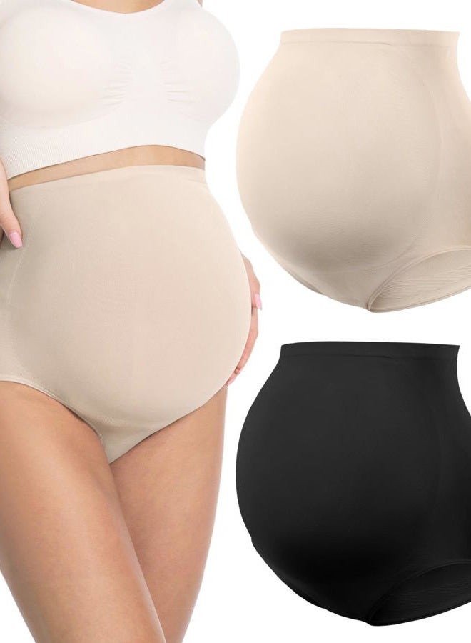 HOFISH Women's Maternity Underwear High Waist Seamless & Supportive Pregnancy Shapewear Over Bump Black & Beige XL - Image 1