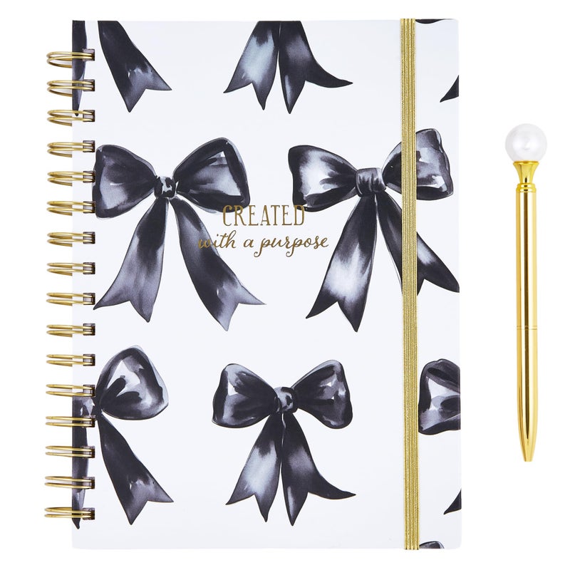 VOTUM Black Bow Journal with Pen â€“ Spiral Notebook with â€œCreated with a Purposeâ€ Inspirational Cover â€“ Pearl Top Ballpoint Pen, Lined Pages, Writing Journal Gift for Women and Girls