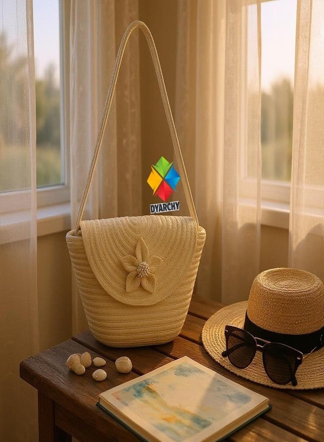 DYARCHY Straw Beach Crossbody Bag with Flower Detail, Cream Colour, Braided Strap - Image 5