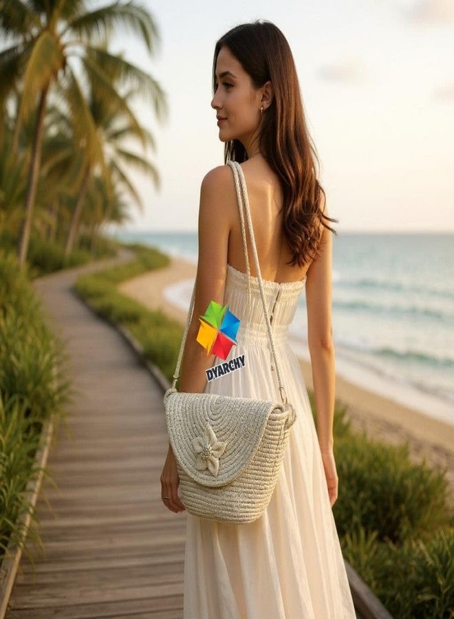 DYARCHY Straw Beach Crossbody Bag with Flower Detail, Cream Colour, Braided Strap - Image 3