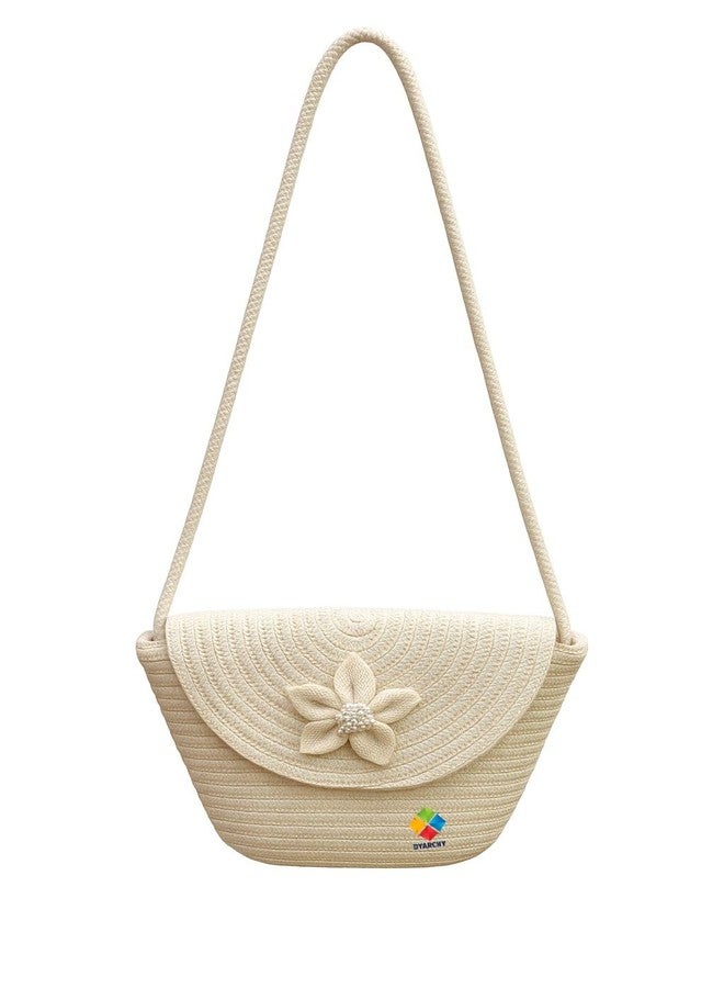 DYARCHY Straw Beach Crossbody Bag with Flower Detail, Cream Colour, Braided Strap - Image 2
