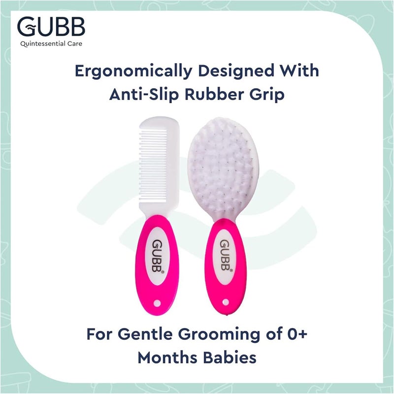 GUBB Baby Grooming Kit for New Born Baby | Smartly Designed, Soft Teeth, BPA Free Non-Toxic, Baby Comb & Brush Set with Soft Nylon Bristles - Pink - Image 2