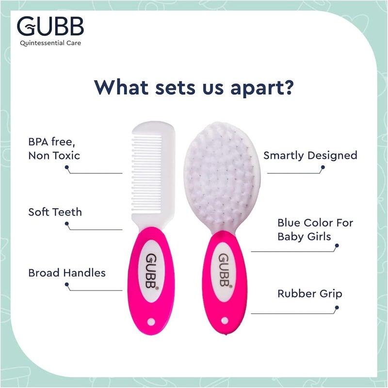 GUBB Baby Grooming Kit for New Born Baby | Smartly Designed, Soft Teeth, BPA Free Non-Toxic, Baby Comb & Brush Set with Soft Nylon Bristles - Pink - Image 4