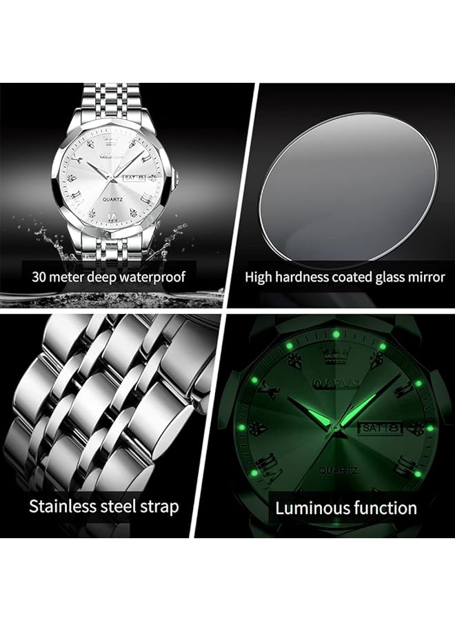 OLEVS Watch For Men Quartz Stainless Steel Waterproof Luminous Date Two Tone Luxury Wrist Watch - Image 4