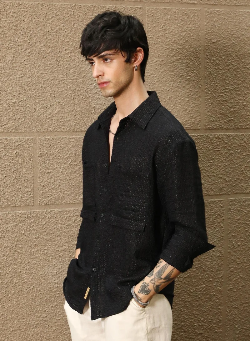 Campus Sutra Men's Midnight Black Straw-Tactile Utility Oversized Shirt