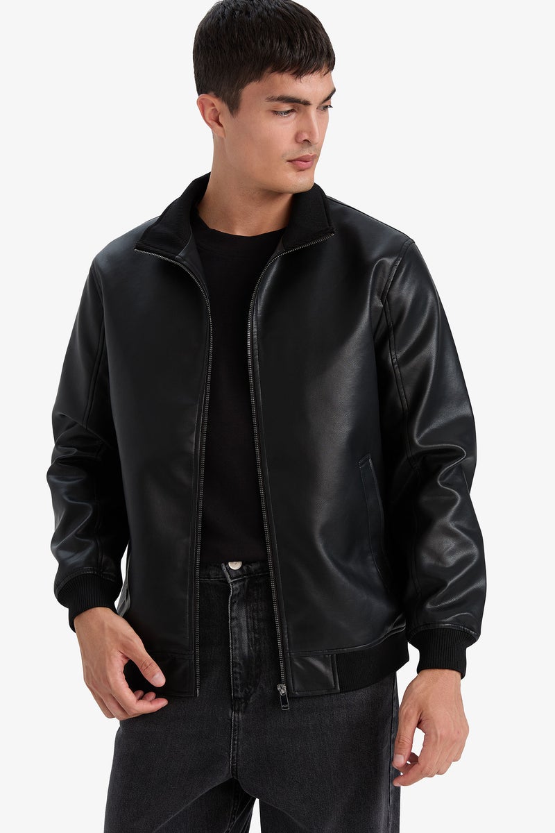 DeFacto Black Man Slim Fit Stand Collar Lined Faux Leather Jacket Casual - Image 3