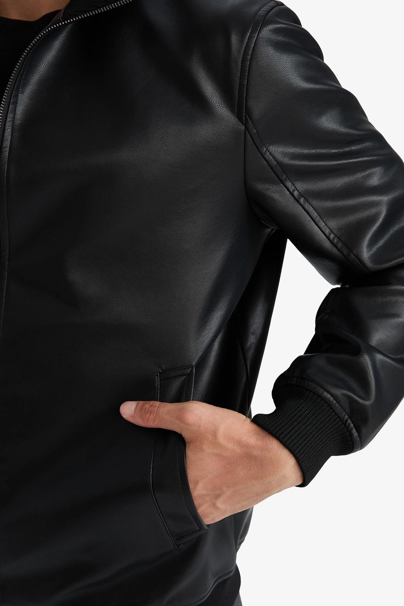 DeFacto Black Man Slim Fit Stand Collar Lined Faux Leather Jacket Casual - Image 5