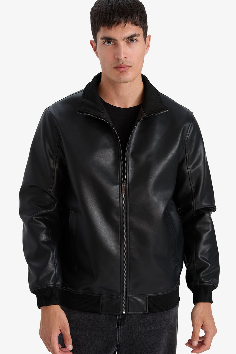DeFacto Black Man Slim Fit Stand Collar Lined Faux Leather Jacket Casual - Image 1