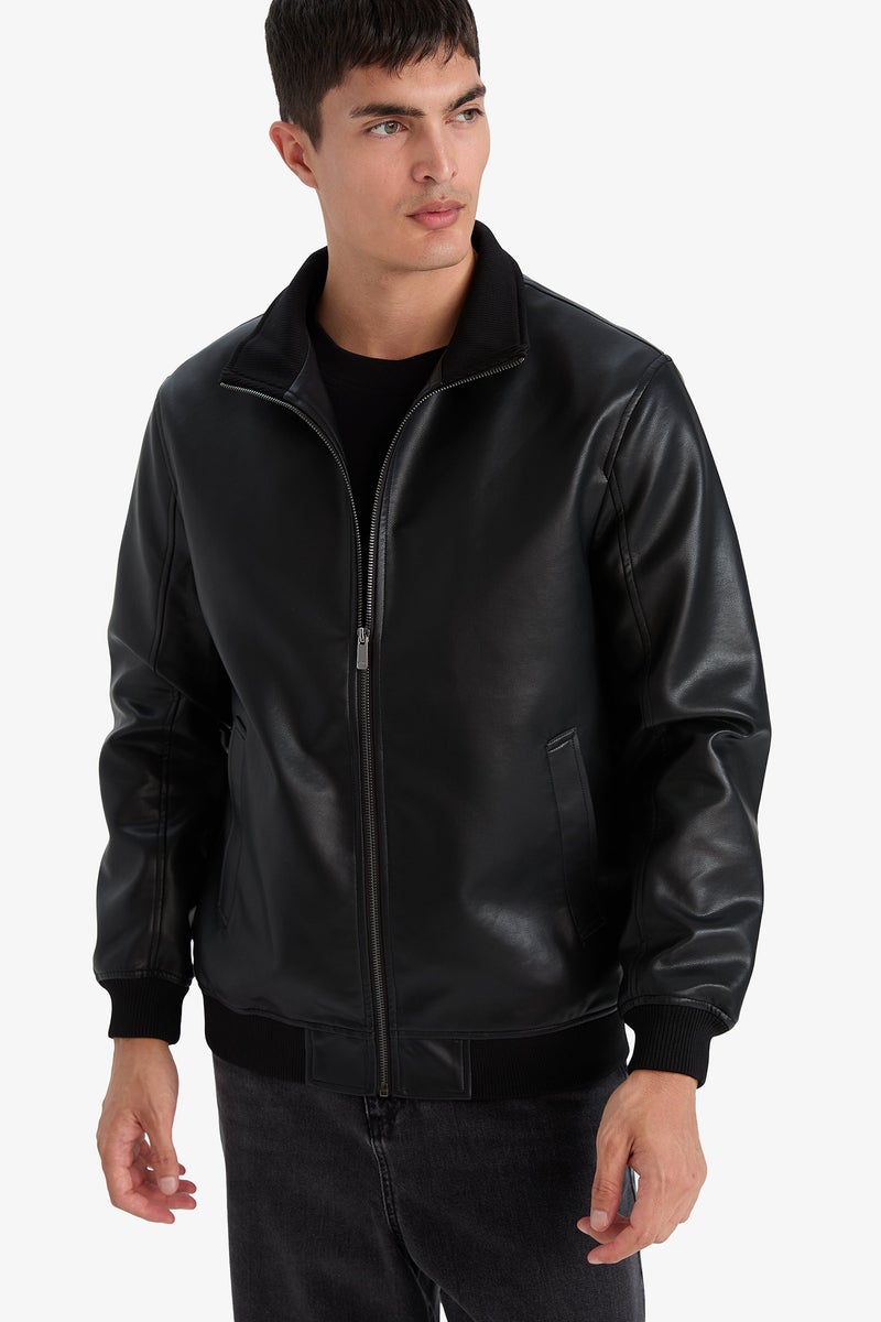 DeFacto Black Man Slim Fit Stand Collar Lined Faux Leather Jacket Casual - Image 4