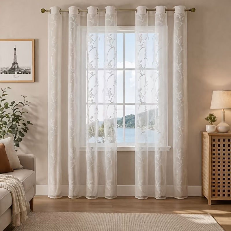 White Embroidered Sheer Curtain Bohemian Lily Sheer For Bedroom Living Room - Image 1