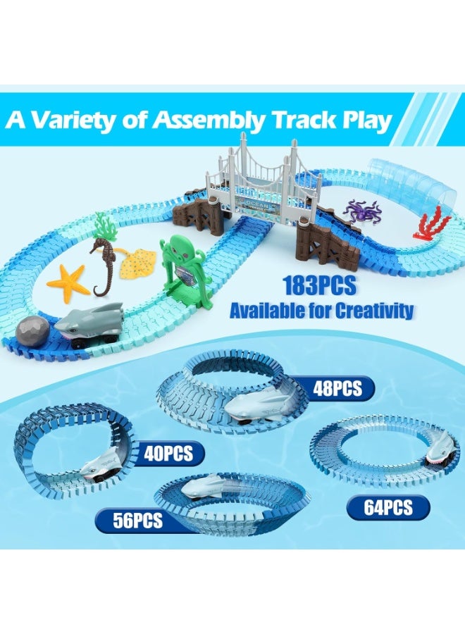 LBMT 183 Pcs Race Track Toys with Electric Shark Car, Bendable Flexible Racetrack,Electric Shark Car & Auto-Rotating & Ball,Ocean Theme Train Toys, STEM Educational Playset Birthday/Holidays Gift for Boys Girls Aged 3-9 - Image 4