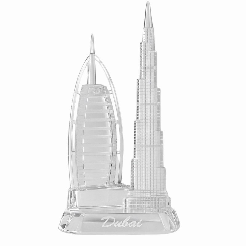 Dubai Souvenir Burj Khalifa And Burj AL Arab Hotel 3D Model Glass Figure In Same Base- White