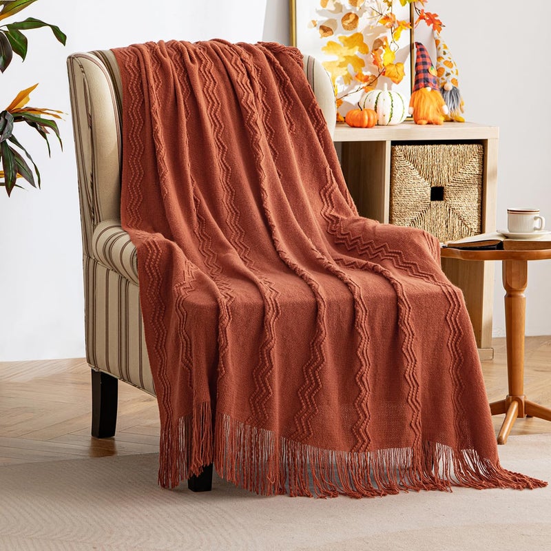 MIULEE Fall Rust Knitted Throw Blanket for Couch Boho Terracotta Textured Cozy Woven Blanket with Tassels for Sofa Chair Bed Living Room Acrylic Wave Pattern 60"x80" - Image 1