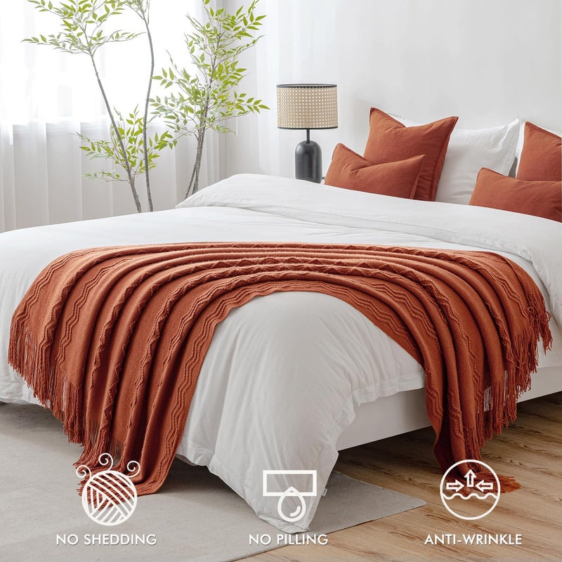 MIULEE Fall Rust Knitted Throw Blanket for Couch Boho Terracotta Textured Cozy Woven Blanket with Tassels for Sofa Chair Bed Living Room Acrylic Wave Pattern 60"x80" - Image 3