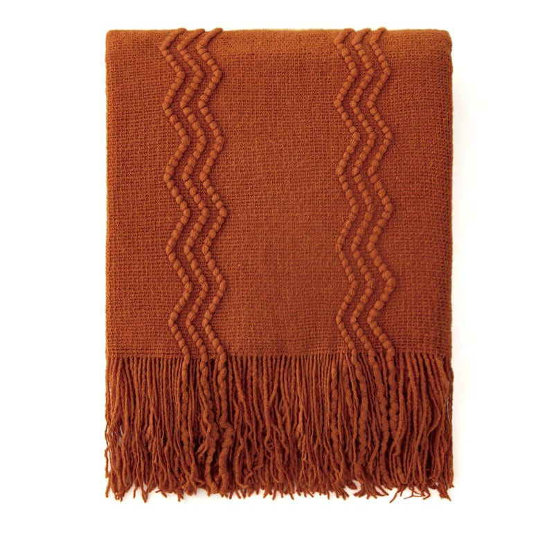 MIULEE Fall Rust Knitted Throw Blanket for Couch Boho Terracotta Textured Cozy Woven Blanket with Tassels for Sofa Chair Bed Living Room Acrylic Wave Pattern 60"x80" - Image 2