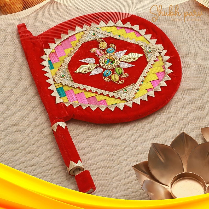 SHUBHPARV SHUBHPARV Pankha Design Regular Wedding Ceremony Item Decorative Handmade Fan for Special Occasions Shaadi Marriage Handicraft Hand Fan with Handle Bamboo Pankha Pankhi Bena Beejna  - Image 3