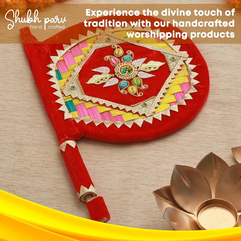 SHUBHPARV SHUBHPARV Pankha Design Regular Wedding Ceremony Item Decorative Handmade Fan for Special Occasions Shaadi Marriage Handicraft Hand Fan with Handle Bamboo Pankha Pankhi Bena Beejna  - Image 5