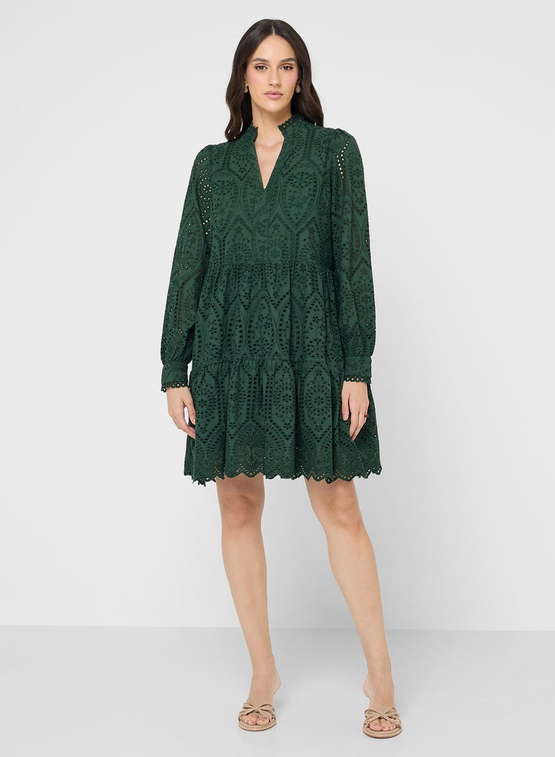 YAS Collar Neck Open Work Tiered Dress - Image 4