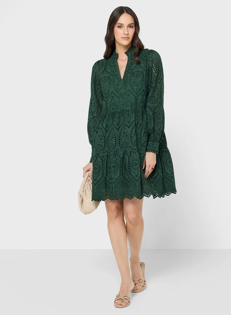 ياس Collar Neck Open Work Tiered Dress