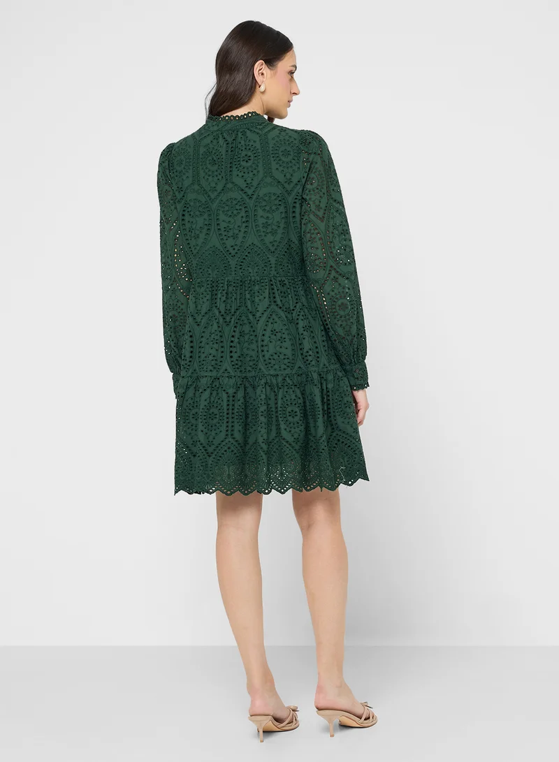ياس Collar Neck Open Work Tiered Dress