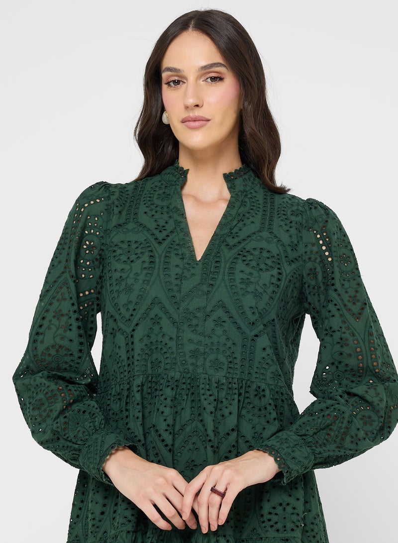 YAS Collar Neck Open Work Tiered Dress - Image 3