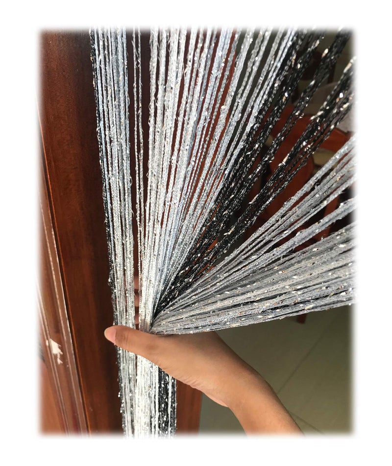 Eyotool Door String Curtain Flat Silver Ribbon Thread with Shaggy Tassel Room Divider 39x79 Beigestyle2