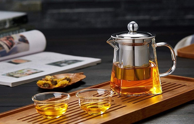Roy HROY Borosilicate Square Glass Tea Pot with Heat Resistant Stainless Steel Infuser Perfect for Tea and Coffee Maker, Clear Glass Kettle (750ml) - Image 1