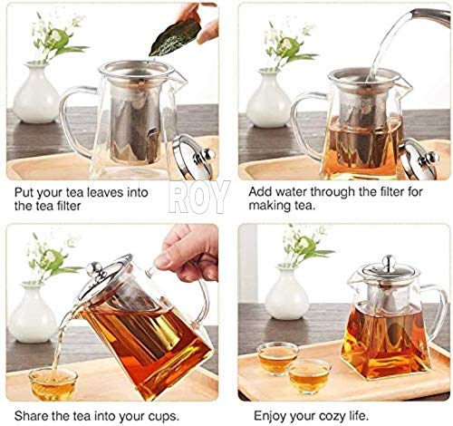 Roy HROY Borosilicate Square Glass Tea Pot with Heat Resistant Stainless Steel Infuser Perfect for Tea and Coffee Maker, Clear Glass Kettle (750ml) - Image 4