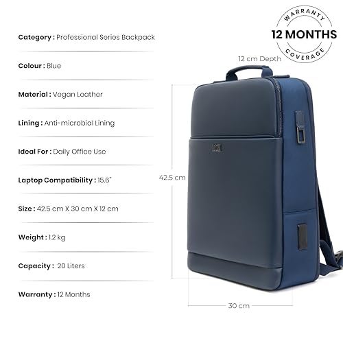 ICON The Professional Laptop Backpack 20L | Premium Vegan Leather, Fits 15.6" Laptops | USB Charging Port,YKK Zippers, Luggage Sleeve, Water-Resistant & Multipurpose Unisex Bag (Blue) - Image 4
