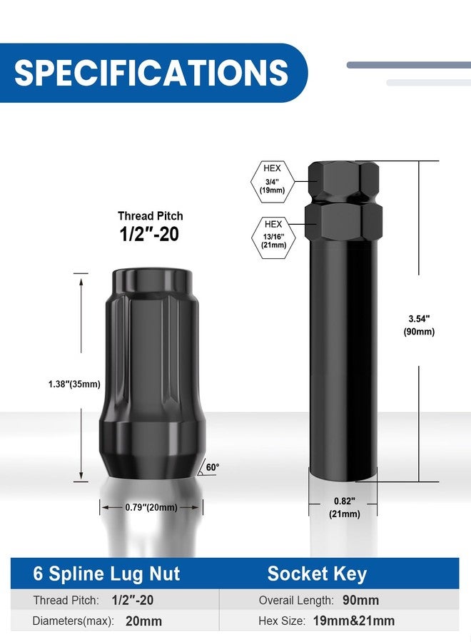 GAsupply صواميل عجلات GAsupply سوداء مقاس 1/2-20، صواميل ضبط ذات طرف مغلق مسنن مقاس 1/2 × 20، ارتفاع 1.38 بوصة، مقعد سداسي مخروطي 3/4 بوصة بزاوية 60 درجة، عبوة من 20 قطعة مع مفتاح واحد للصواميل - Image 2