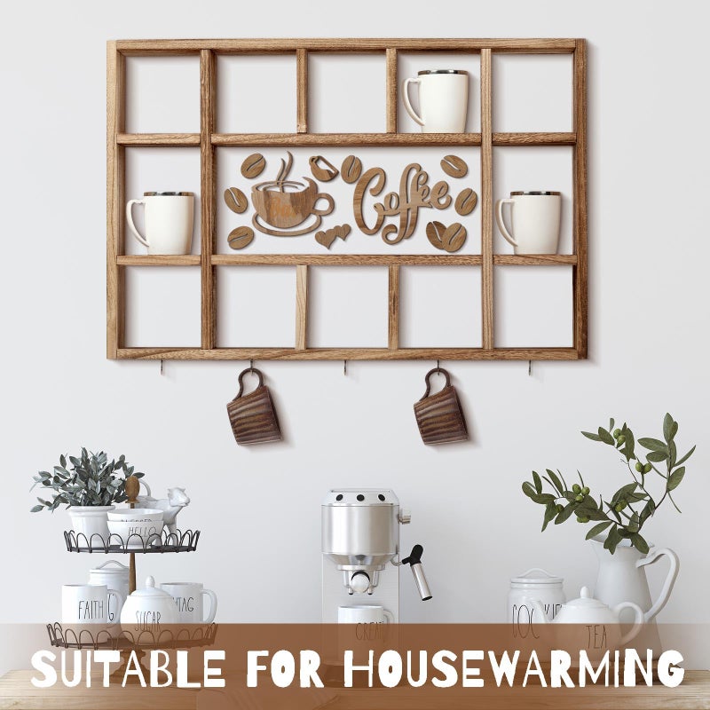 Cinnvoice Oversize Coffee Mug Display Shelf for Wall Wood Coffee Mug Rack Wall Mounted Shelf Cubes Cup Hooks Hanger with Bar Sign Decor for Kitchen Station Bar Accessories(Brown) - Image 5