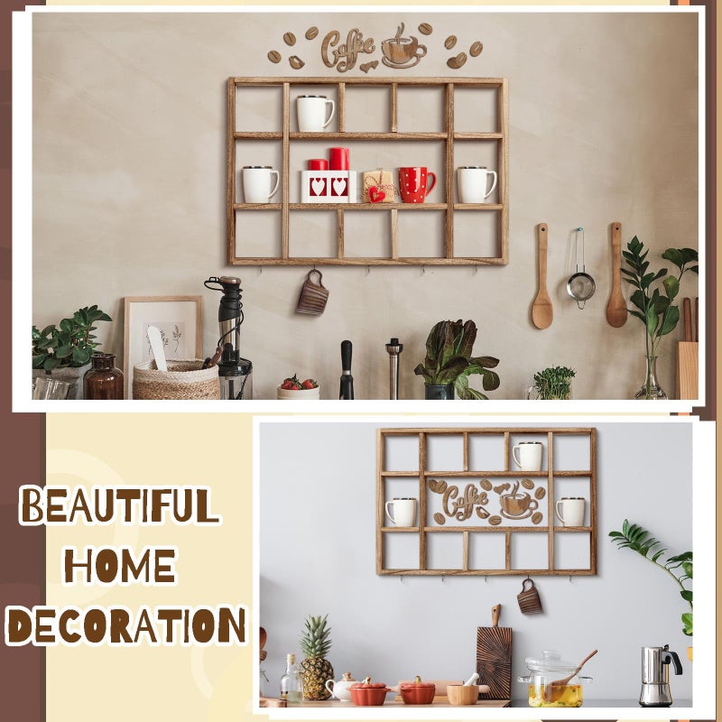 Cinnvoice Oversize Coffee Mug Display Shelf for Wall Wood Coffee Mug Rack Wall Mounted Shelf Cubes Cup Hooks Hanger with Bar Sign Decor for Kitchen Station Bar Accessories(Brown) - Image 4