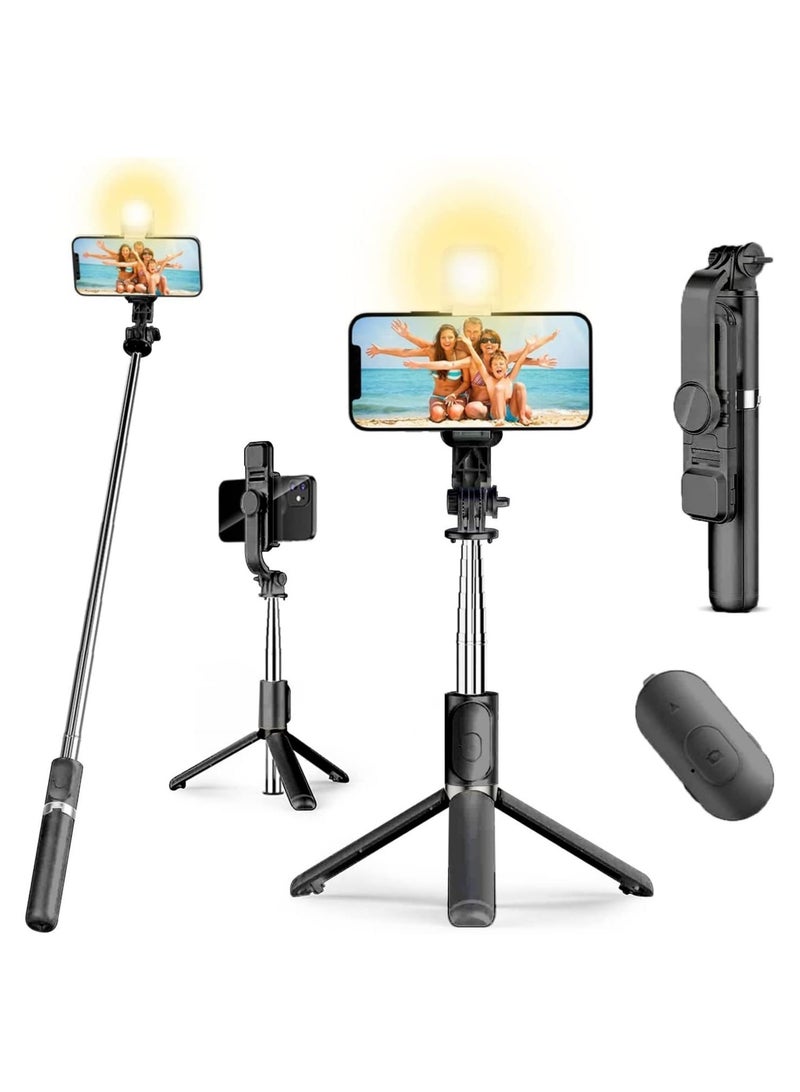 إلترازون Elite 4 in 1 Lighted Selfie Stick With Tripod, Bluetooth Remote, 3 Light Modes & 6 Brightness Level,360° Rotation, Portable Floor Desktop Tripod, For iPhones & Android, For Broadcast, Black - Image 1