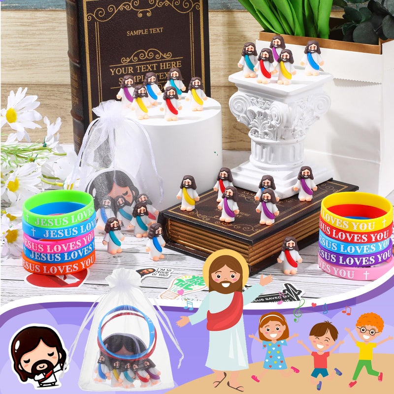Bememo Multicolored 25 Sets Christian Religious Gifts Sets Little Jesus Figure Silicone Jesus Loves You Bracelets Inspiring Stickers for Easter Church Party Baptism Gifts (Plain) - Image 5