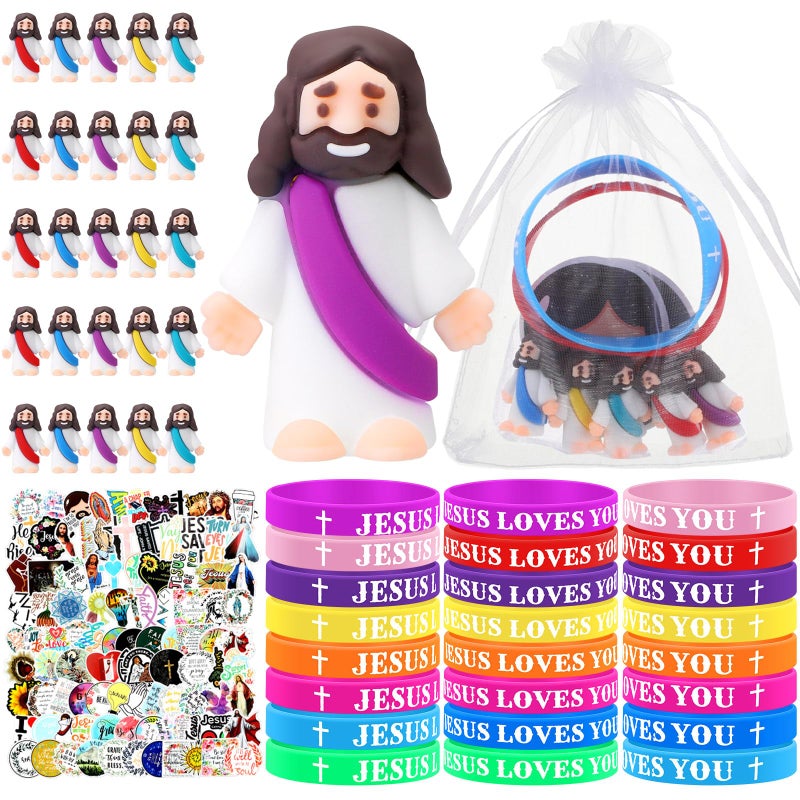 Bememo Multicolored 25 Sets Christian Religious Gifts Sets Little Jesus Figure Silicone Jesus Loves You Bracelets Inspiring Stickers for Easter Church Party Baptism Gifts (Plain) - Image 1