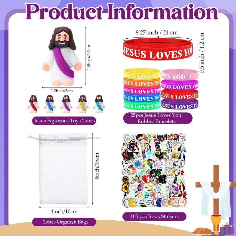 Bememo Multicolored 25 Sets Christian Religious Gifts Sets Little Jesus Figure Silicone Jesus Loves You Bracelets Inspiring Stickers for Easter Church Party Baptism Gifts (Plain) - Image 2