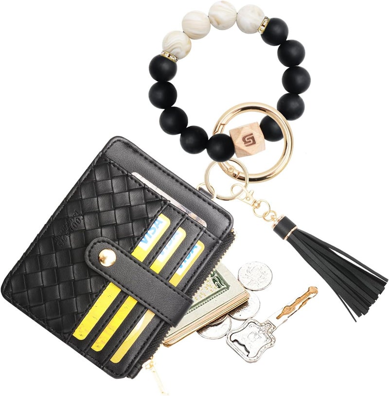 COOLANS Silicone Bracelet Wristlet Wallet Credit Card Holder RFID,ID Window,Key Ring Tassel,Slim Wallet Women Keychain Purse - Image 1