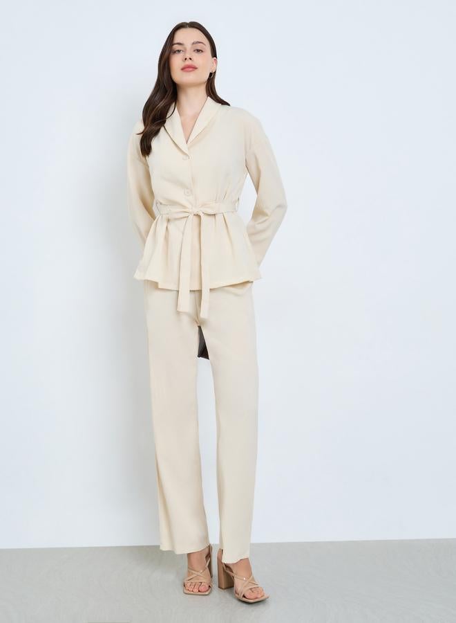 Styli Cream Belted Shirt and Pants Co-Ords - Image 1