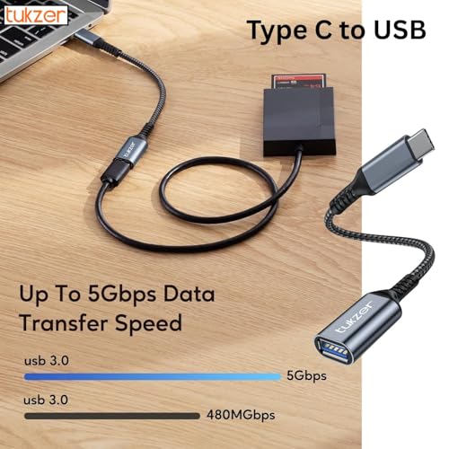 Tukzer Pack of 2, USB Type C to USB 3.0 Nylon Braided Converter and USB to Type C OTG Adapter, USB 3.0, 5 Gbps High-Speed Data Transfer for Laptop, Smartphone, Tablet, Chargers, ipad, MacBook (Grey) - Image 3